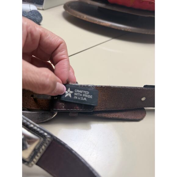 Vintage Brighton Brown Leather Concho Belt Size 32 Silver Western USA
